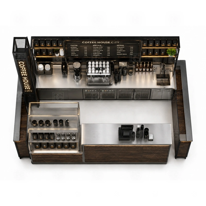 Custom Coffee Kiosk for Sale buyer planning detail for Custom Coffee Kiosk for Sale target size, espresso machine dimensions, grinder position, sink requirement, fridge size, menu board size, power and plumbing, destination country