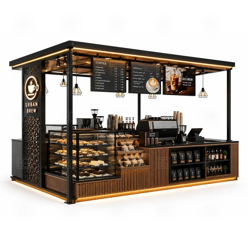 Custom Coffee Shop Booth Design with small business coffee service, booth layout, storage, and customer-facing product display shown in the custom coffee shop booth design product photos for coffee and beverage retail