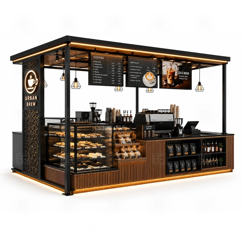 Custom Coffee Shop Booth Design display detail for espresso counter, menu board, pickup area, cup storage, dessert display, and customer-facing brand panels planned for custom coffee shop booth design