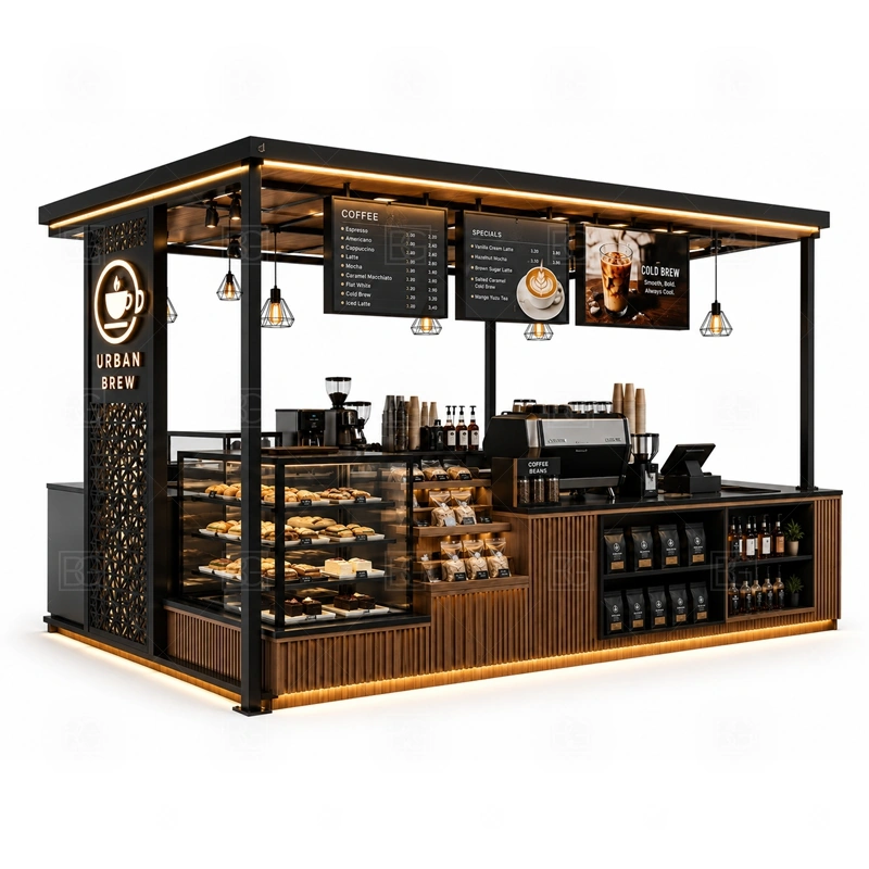 Custom Coffee Shop Booth Design branding detail for logo panels, menu boards, front graphics, side signs, and coffee brand colors coordinated for custom coffee shop booth design
