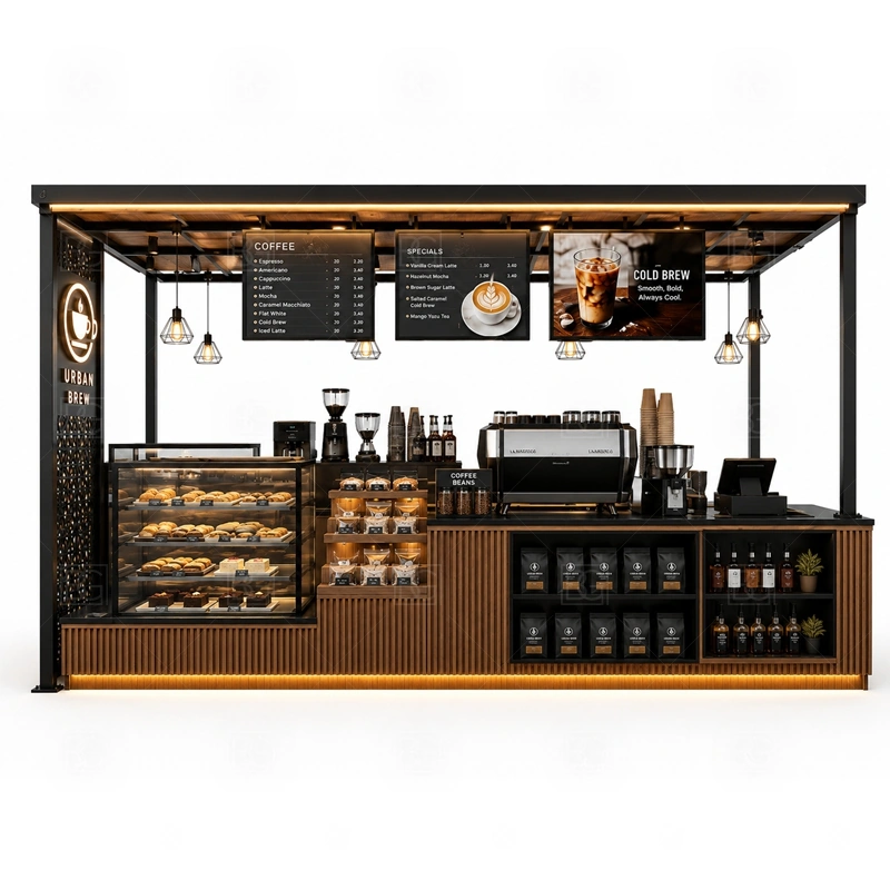 Custom Coffee Shop Booth Design storage detail for cup storage, bean storage, under-counter fridge space, packaging drawers, cleaning supply cabinets, and cable routes planned for custom coffee shop booth design
