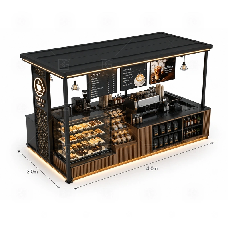 Custom Coffee Shop Booth Design buyer planning detail for Custom Coffee Shop Booth Design target size, espresso machine dimensions, grinder position, sink requirement, fridge size, menu board size, power and plumbing, destination country