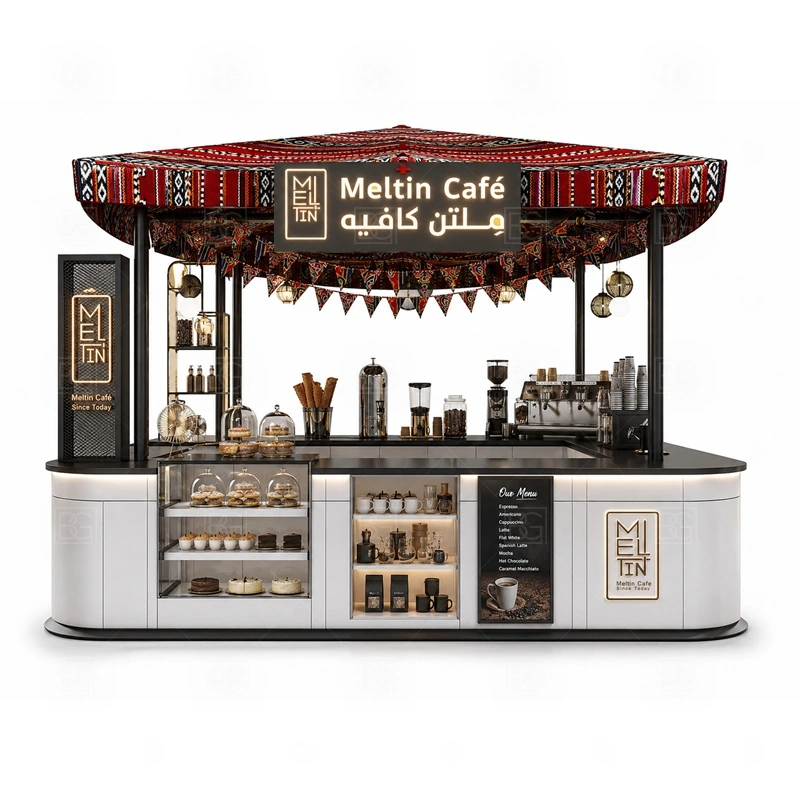 Custom Coffee Stand with Display Case with coffee drinks, dessert display, glass showcase visibility, and counter service flow shown in the custom coffee stand with display case product photos for coffee and beverage retail