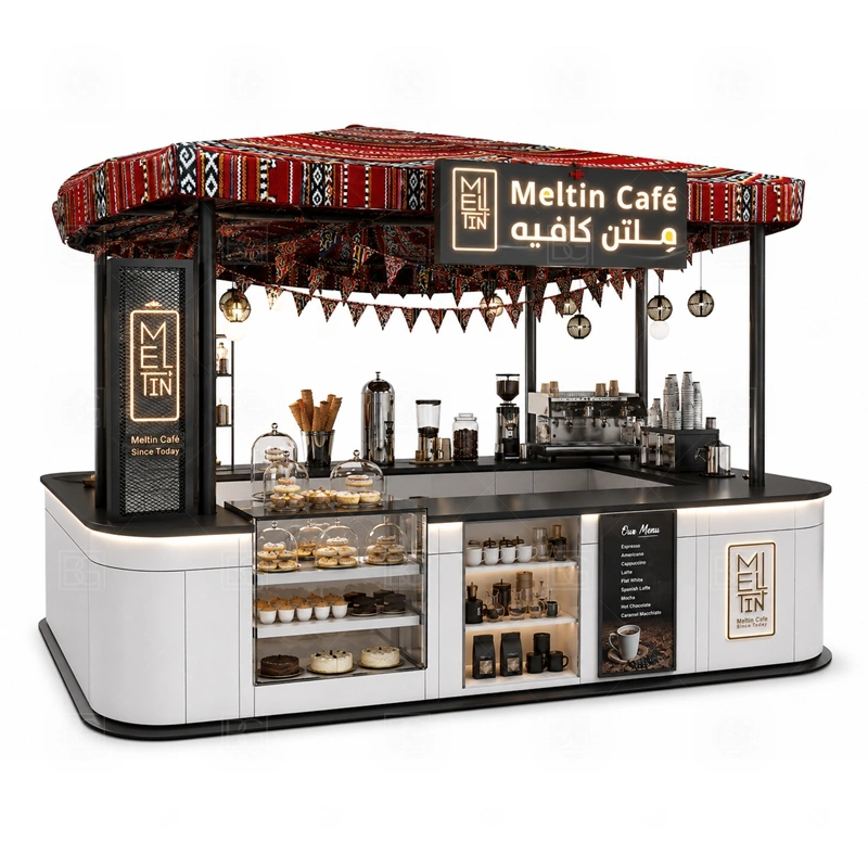 Custom Coffee Stand with Display Case layout showing equipment-first coffee counter planning shown in the custom coffee stand with display case product photos, with food court traffic where order, payment, and pickup need a clean sequence