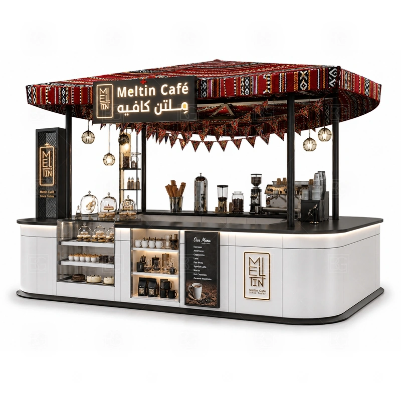 Custom Coffee Stand with Display Case display detail for espresso counter, menu board, pickup area, cup storage, dessert display, and customer-facing brand panels planned for custom coffee stand with display case