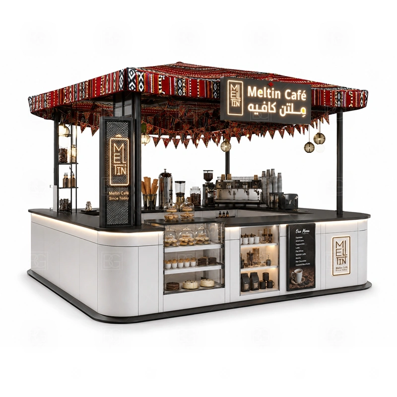 Custom Coffee Stand with Display Case branding detail for logo panels, menu boards, front graphics, side signs, and coffee brand colors coordinated for custom coffee stand with display case