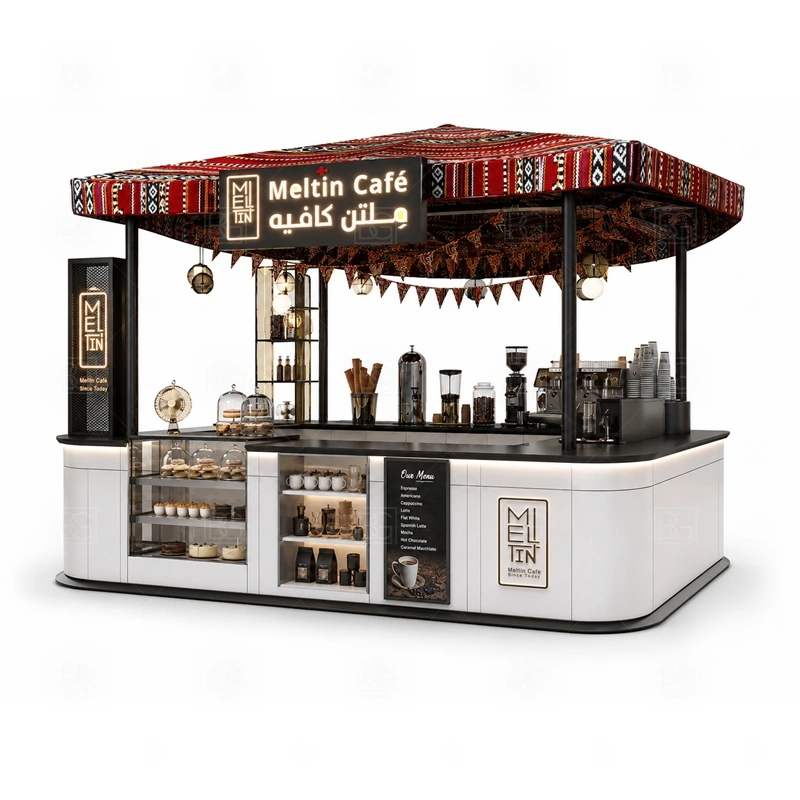 Custom Coffee Stand with Display Case storage detail for cup storage, bean storage, under-counter fridge space, packaging drawers, cleaning supply cabinets, and cable routes planned for custom coffee stand with display case