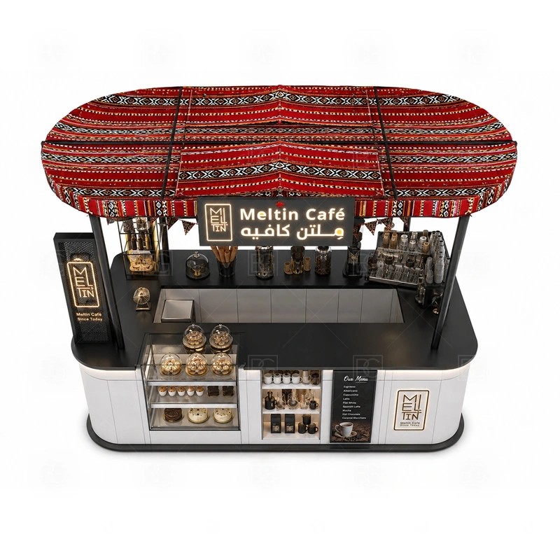 Custom Coffee Stand with Display Case buyer planning detail for Custom Coffee Stand with Display Case target size, espresso machine dimensions, grinder position, sink requirement, fridge size, menu board size, power and plumbing, destination country