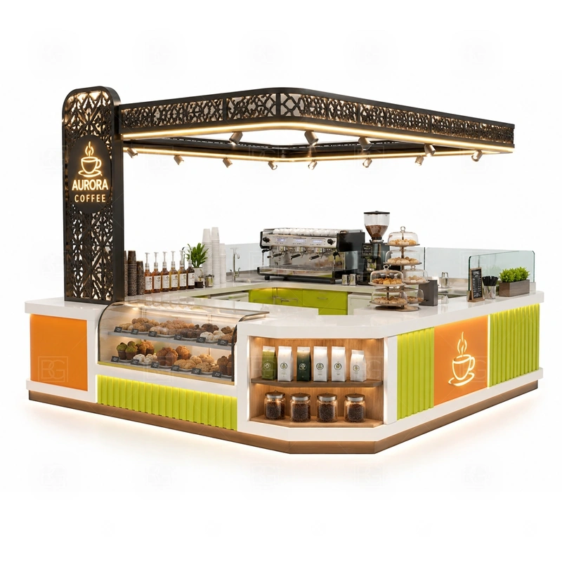 Custom Espresso Kiosk for Sale with espresso machine placement, grinder workflow, menu visibility, and fast drink pickup shown in the custom espresso kiosk for sale product photos for coffee and beverage retail