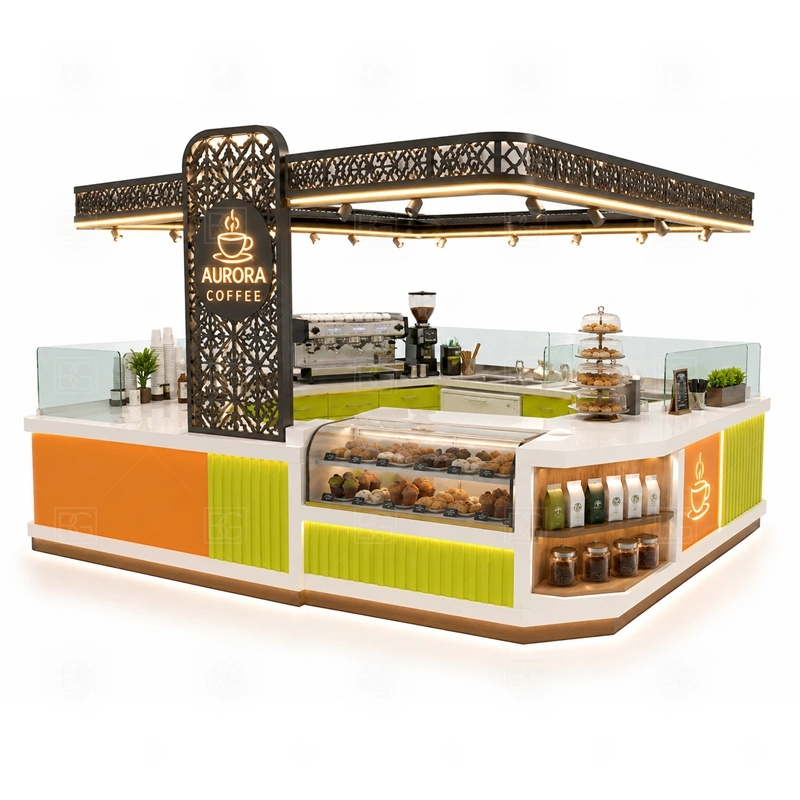 Custom Espresso Kiosk for Sale display detail for espresso counter, menu board, pickup area, cup storage, dessert display, and customer-facing brand panels planned for custom espresso kiosk for sale