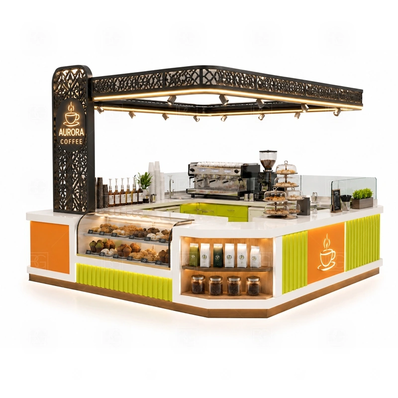 Custom Espresso Kiosk for Sale branding detail for logo panels, menu boards, front graphics, side signs, and coffee brand colors coordinated for custom espresso kiosk for sale