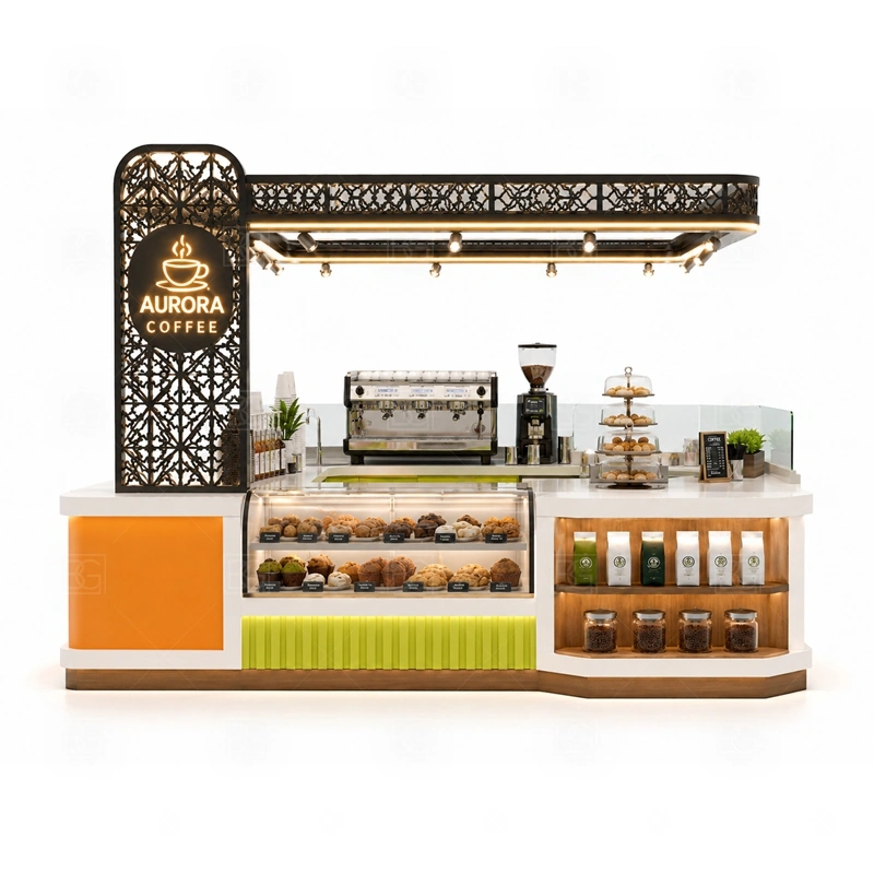 Custom Espresso Kiosk for Sale storage detail for cup storage, bean storage, under-counter fridge space, packaging drawers, cleaning supply cabinets, and cable routes planned for custom espresso kiosk for sale