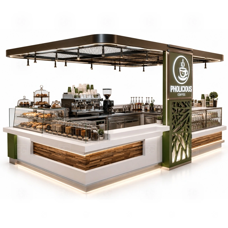 Espresso Bar Counter and Cafe Kiosk with espresso machine placement, grinder workflow, menu visibility, and fast drink pickup shown in the espresso bar counter and cafe kiosk product photos for coffee and beverage retail