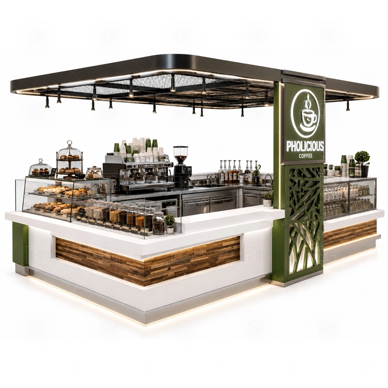 Espresso Bar Counter and Cafe Kiosk layout showing equipment-first coffee counter planning shown in the espresso bar counter and cafe kiosk product photos, with brand-led retail locations where signage and product visibility need to work together