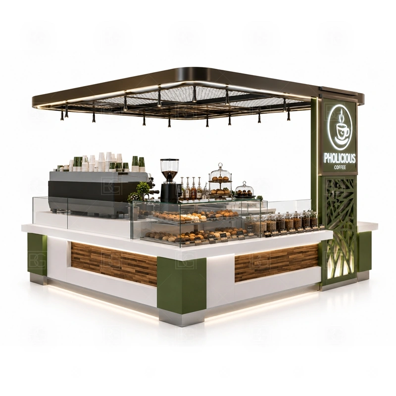 Espresso Bar Counter and Cafe Kiosk display detail for espresso counter, menu board, pickup area, cup storage, dessert display, and customer-facing brand panels planned for espresso bar counter and cafe kiosk