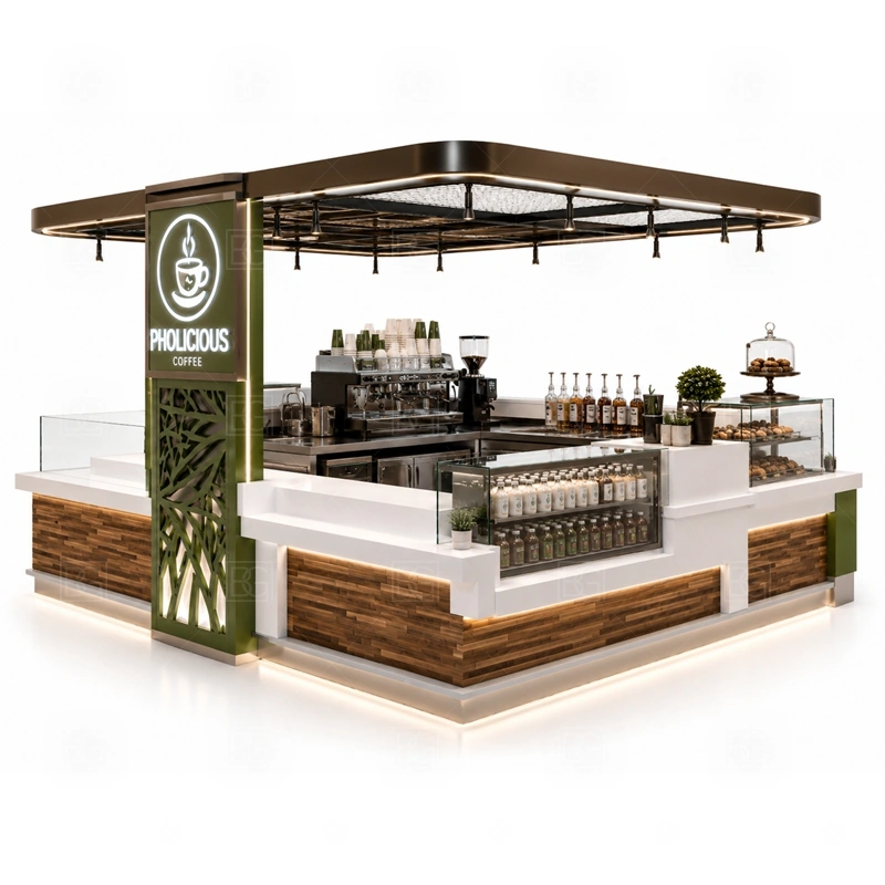 Espresso Bar Counter and Cafe Kiosk branding detail for logo panels, menu boards, front graphics, side signs, and coffee brand colors coordinated for espresso bar counter and cafe kiosk