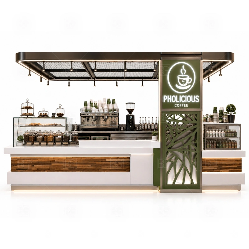Espresso Bar Counter and Cafe Kiosk storage detail for cup storage, bean storage, under-counter fridge space, packaging drawers, cleaning supply cabinets, and cable routes planned for espresso bar counter and cafe kiosk
