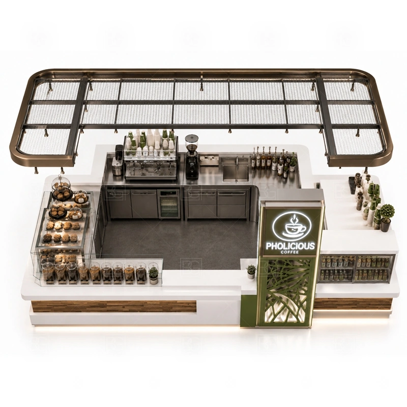 Espresso Bar Counter and Cafe Kiosk buyer planning detail for Espresso Bar Counter and Cafe Kiosk target size, espresso machine dimensions, grinder position, sink requirement, fridge size, menu board size, power and plumbing, destination country