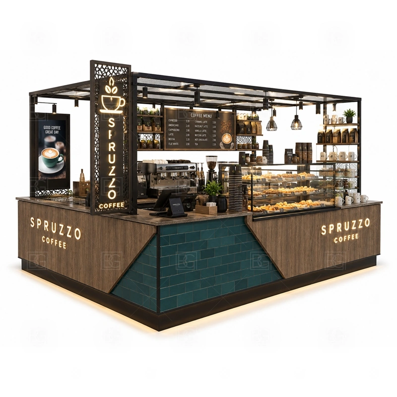 Espresso Coffee Kiosk for Mall Retail with espresso machine placement, grinder workflow, menu visibility, and fast drink pickup shown in the espresso coffee kiosk for mall retail product photos for coffee and beverage retail