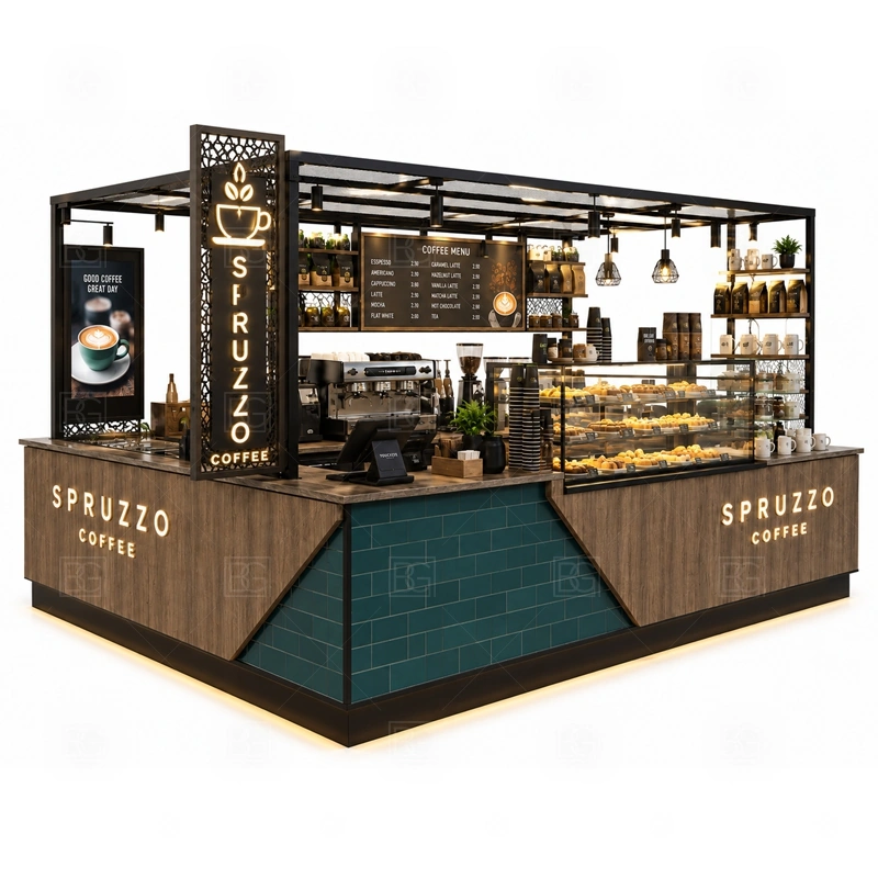 Espresso Coffee Kiosk for Mall Retail layout showing equipment-first coffee counter planning shown in the espresso coffee kiosk for mall retail product photos, with brand-led retail locations where signage and product visibility need to work together