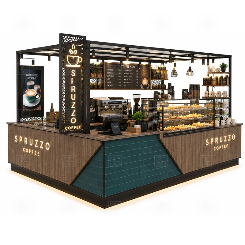 Espresso Coffee Kiosk for Mall Retail display detail for espresso counter, menu board, pickup area, cup storage, dessert display, and customer-facing brand panels planned for espresso coffee kiosk for mall retail