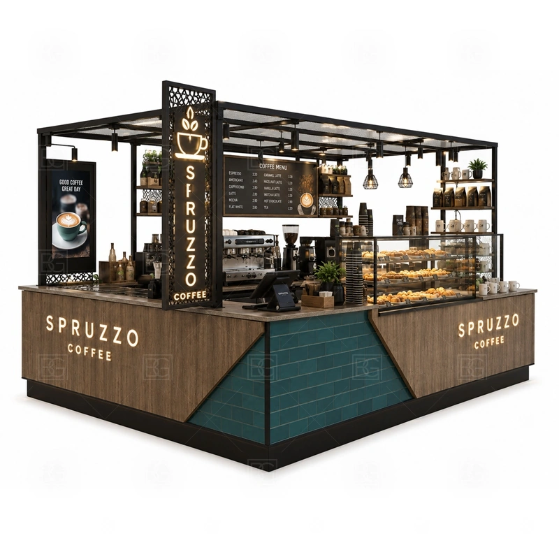 Espresso Coffee Kiosk for Mall Retail branding detail for logo panels, menu boards, front graphics, side signs, and coffee brand colors coordinated for espresso coffee kiosk for mall retail