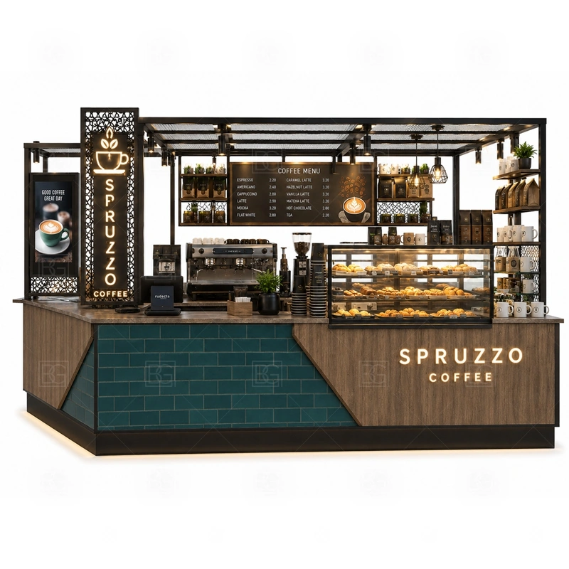 Espresso Coffee Kiosk for Mall Retail storage detail for cup storage, bean storage, under-counter fridge space, packaging drawers, cleaning supply cabinets, and cable routes planned for espresso coffee kiosk for mall retail