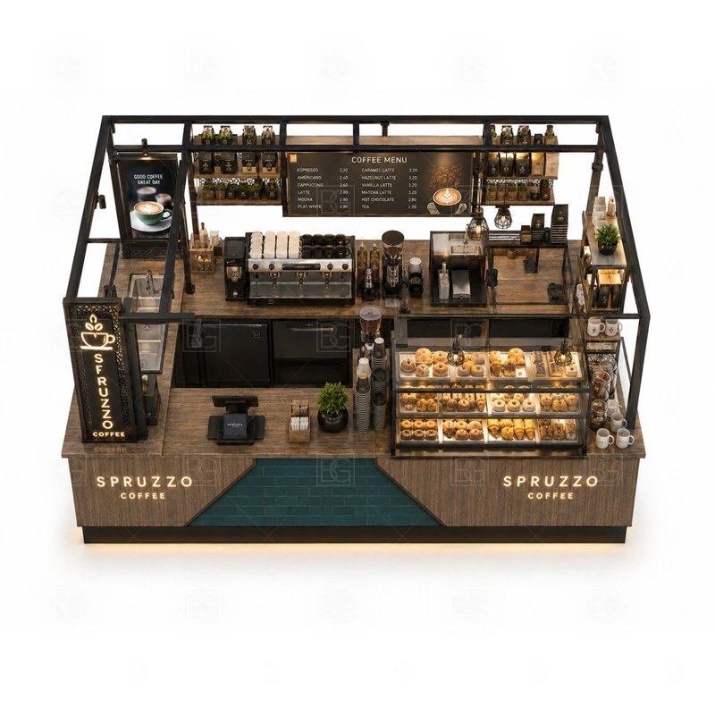 Espresso Coffee Kiosk for Mall Retail buyer planning detail for Espresso Coffee Kiosk for Mall Retail target size, espresso machine dimensions, grinder position, sink requirement, fridge size, menu board size, power and plumbing, destination country