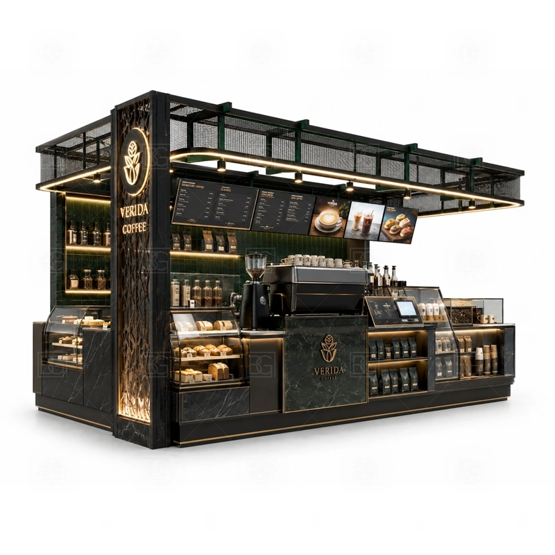 High End Coffee Kiosk for Shopping Mall with shopping mall approval, multi-side customer approach, and busy food court operation shown in the high end coffee kiosk for shopping mall product photos for coffee and beverage retail