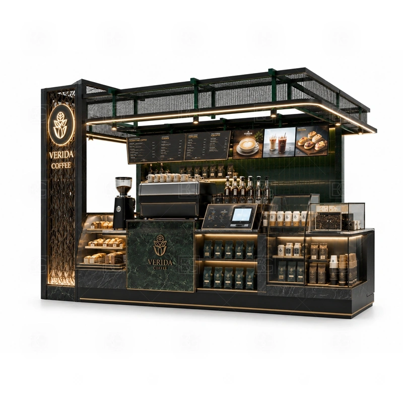 High End Coffee Kiosk for Shopping Mall layout showing equipment-first coffee counter planning shown in the high end coffee kiosk for shopping mall product photos, with compact lease areas where storage and customer flow must be planned carefully