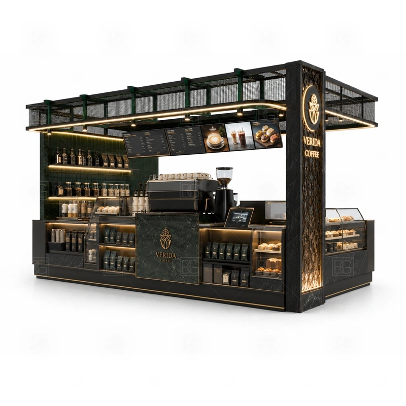High End Coffee Kiosk for Shopping Mall display detail for espresso counter, menu board, pickup area, cup storage, dessert display, and customer-facing brand panels planned for high end coffee kiosk for shopping mall