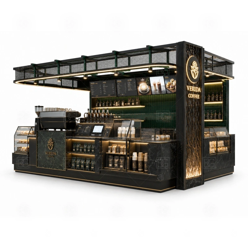 High End Coffee Kiosk for Shopping Mall branding detail for logo panels, menu boards, front graphics, side signs, and coffee brand colors coordinated for high end coffee kiosk for shopping mall