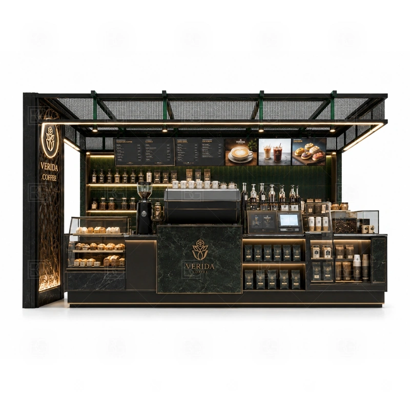 High End Coffee Kiosk for Shopping Mall storage detail for cup storage, bean storage, under-counter fridge space, packaging drawers, cleaning supply cabinets, and cable routes planned for high end coffee kiosk for shopping mall