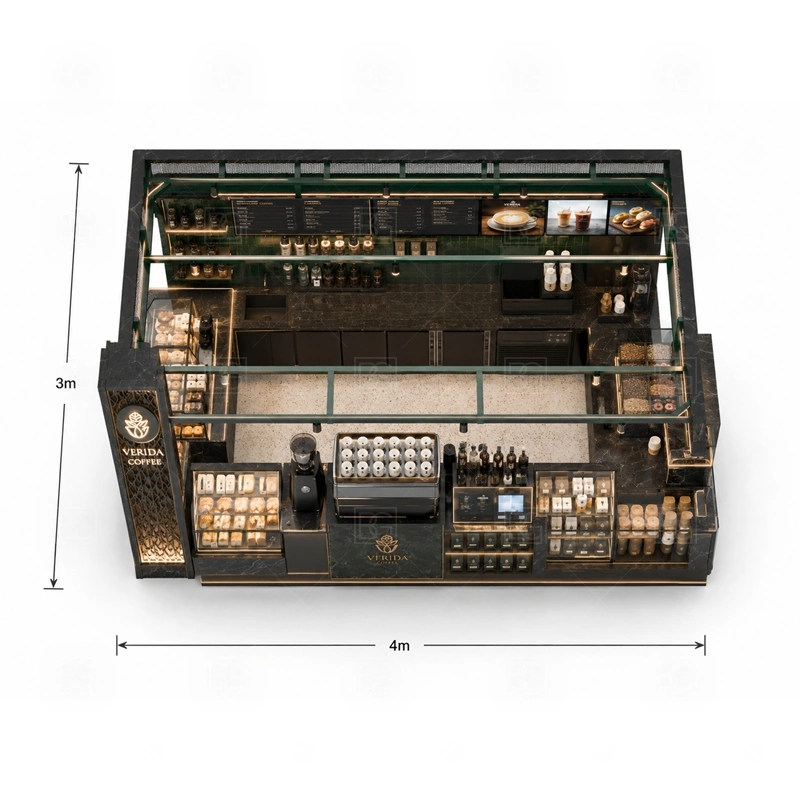 High End Coffee Kiosk for Shopping Mall buyer planning detail for High End Coffee Kiosk for Shopping Mall target size, espresso machine dimensions, grinder position, sink requirement, fridge size, menu board size, power and plumbing, destination country
