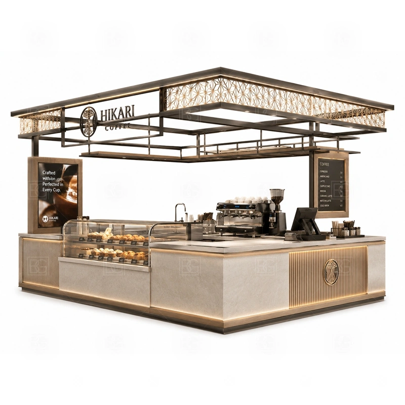 Luxury Coffee Booth for Mall Cafe with shopping mall approval, multi-side customer approach, and busy food court operation shown in the luxury coffee booth for mall cafe product photos for coffee and beverage retail
