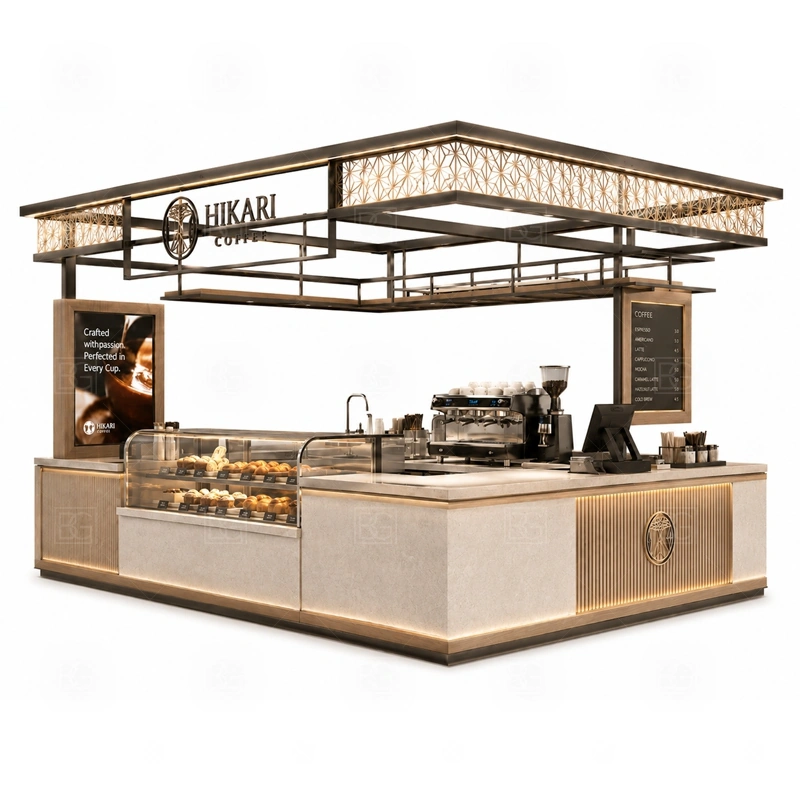 Luxury Coffee Booth for Mall Cafe layout showing equipment-first coffee counter planning shown in the luxury coffee booth for mall cafe product photos, with center-court traffic where customers may approach from more than one direction