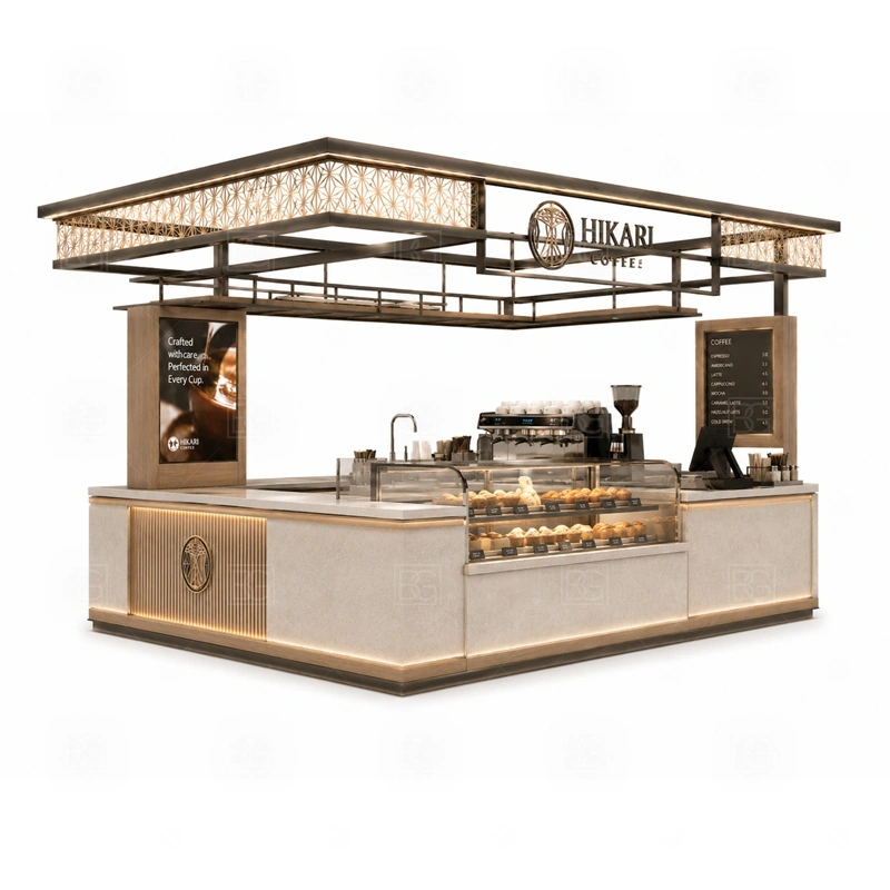 Luxury Coffee Booth for Mall Cafe display detail for espresso counter, menu board, pickup area, cup storage, dessert display, and customer-facing brand panels planned for luxury coffee booth for mall cafe
