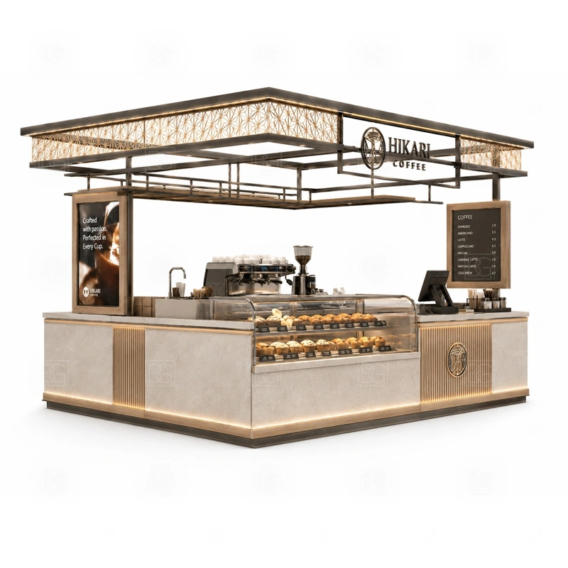 Luxury Coffee Booth for Mall Cafe branding detail for logo panels, menu boards, front graphics, side signs, and coffee brand colors coordinated for luxury coffee booth for mall cafe