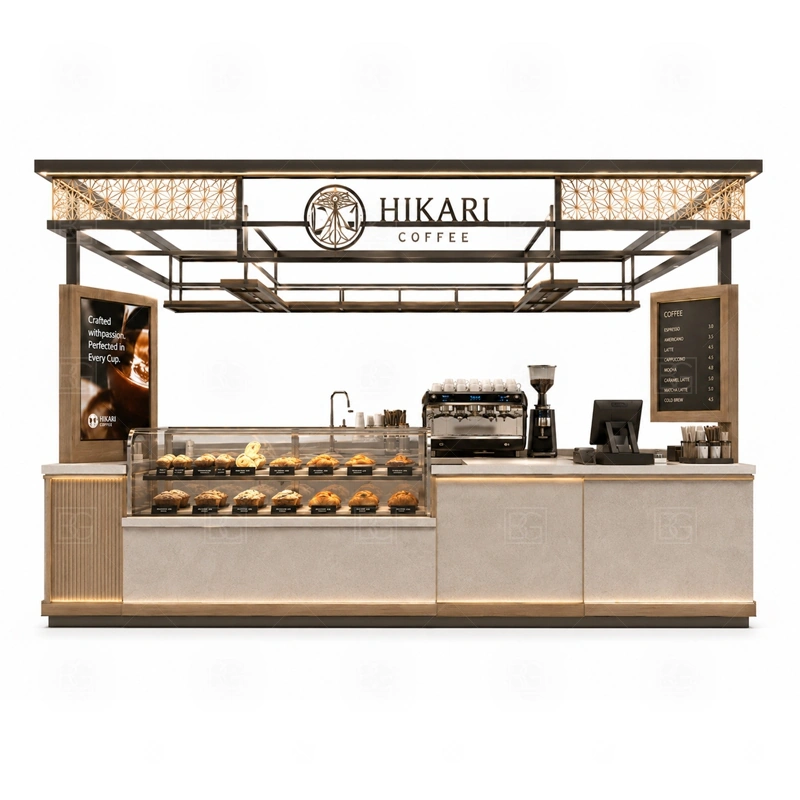 Luxury Coffee Booth for Mall Cafe storage detail for cup storage, bean storage, under-counter fridge space, packaging drawers, cleaning supply cabinets, and cable routes planned for luxury coffee booth for mall cafe
