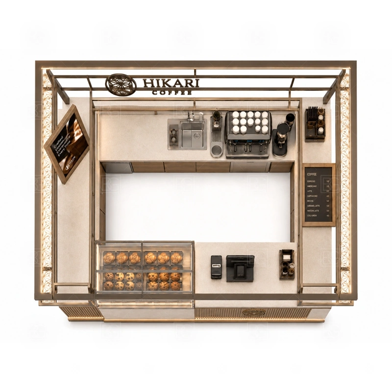 Luxury Coffee Booth for Mall Cafe buyer planning detail for Luxury Coffee Booth for Mall Cafe target size, espresso machine dimensions, grinder position, sink requirement, fridge size, menu board size, power and plumbing, destination country