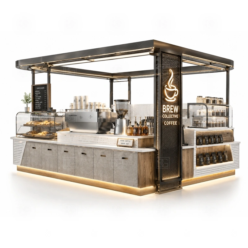 Mall Cafe Kiosk with Coffee Bar with shopping mall approval, multi-side customer approach, and busy food court operation shown in the mall cafe kiosk with coffee bar product photos for coffee and beverage retail