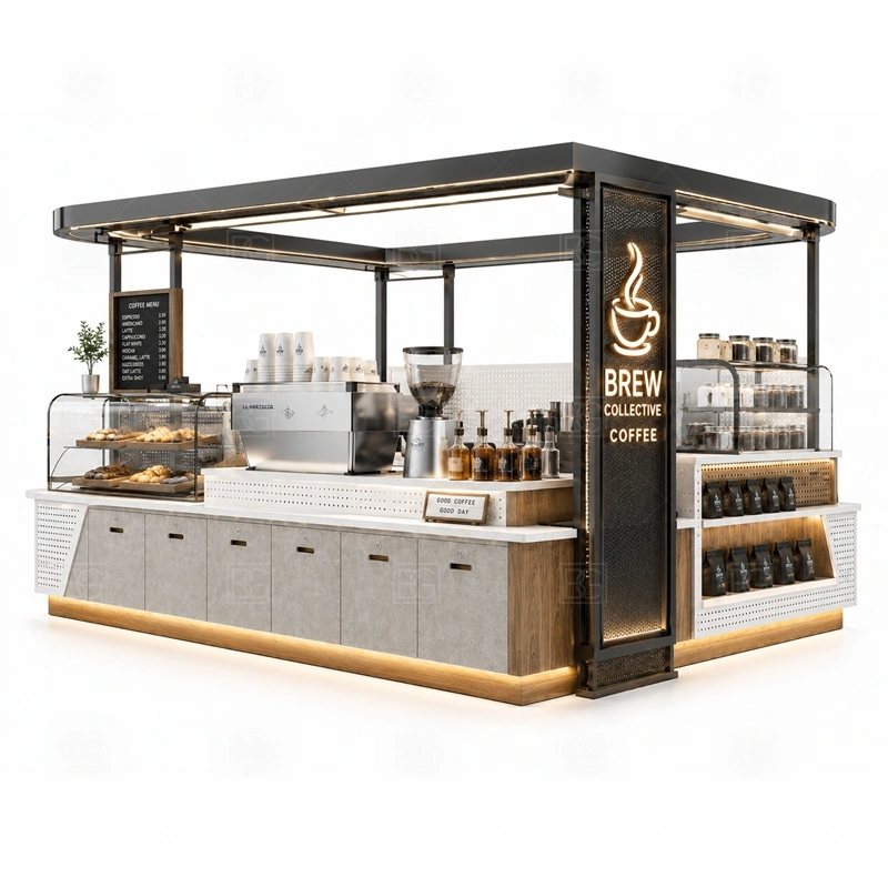 Mall Cafe Kiosk with Coffee Bar layout showing equipment-first coffee counter planning shown in the mall cafe kiosk with coffee bar product photos, with center-court traffic where customers may approach from more than one direction