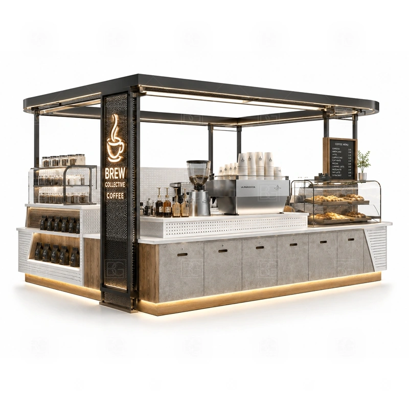 Mall Cafe Kiosk with Coffee Bar display detail for espresso counter, menu board, pickup area, cup storage, dessert display, and customer-facing brand panels planned for mall cafe kiosk with coffee bar