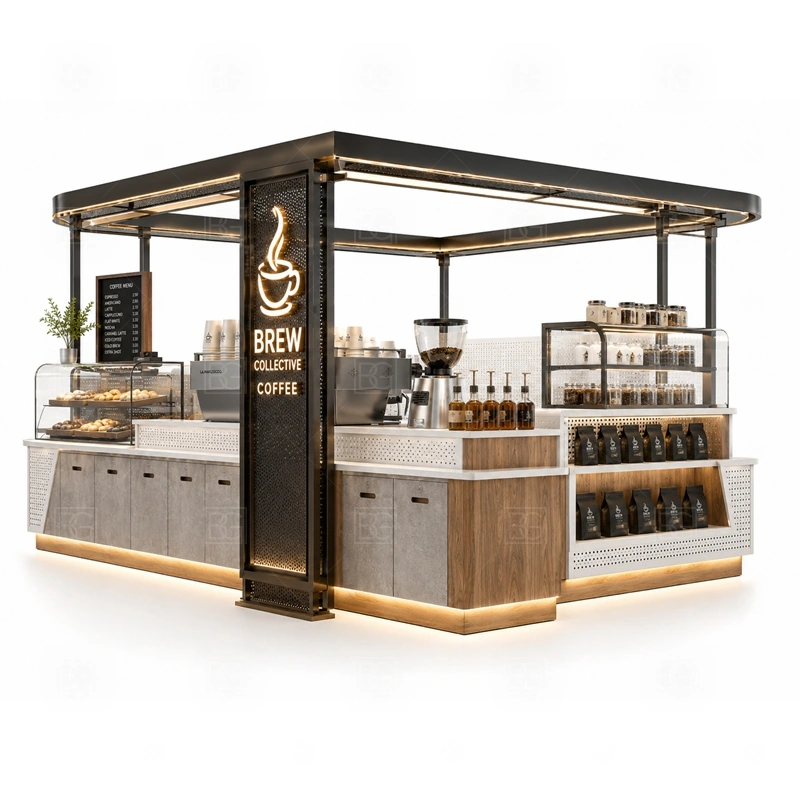 Mall Cafe Kiosk with Coffee Bar branding detail for logo panels, menu boards, front graphics, side signs, and coffee brand colors coordinated for mall cafe kiosk with coffee bar