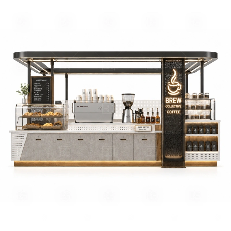 Mall Cafe Kiosk with Coffee Bar storage detail for cup storage, bean storage, under-counter fridge space, packaging drawers, cleaning supply cabinets, and cable routes planned for mall cafe kiosk with coffee bar