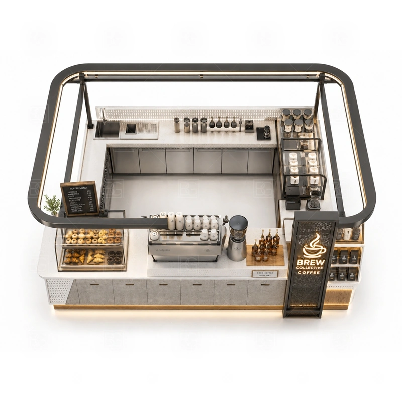 Mall Cafe Kiosk with Coffee Bar buyer planning detail for Mall Cafe Kiosk with Coffee Bar target size, espresso machine dimensions, grinder position, sink requirement, fridge size, menu board size, power and plumbing, destination country