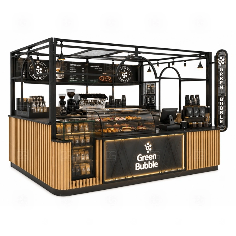 Mall Coffee Kiosk Design for Shopping Center display detail for espresso counter, menu board, pickup area, cup storage, dessert display, and customer-facing brand panels planned for mall coffee kiosk design for shopping center