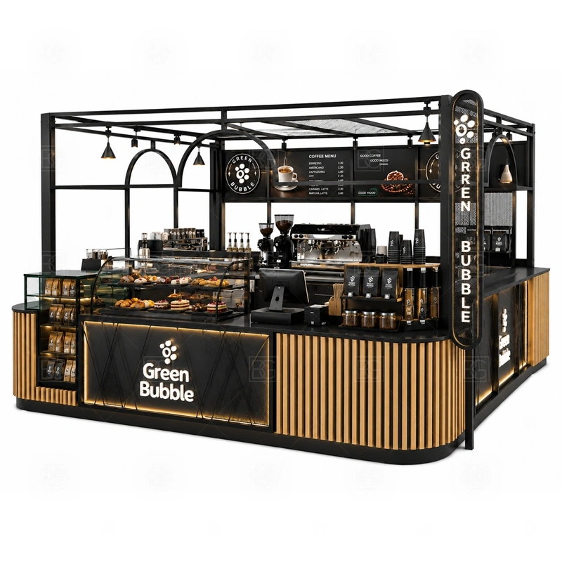 Mall Coffee Kiosk Design for Shopping Center branding detail for logo panels, menu boards, front graphics, side signs, and coffee brand colors coordinated for mall coffee kiosk design for shopping center