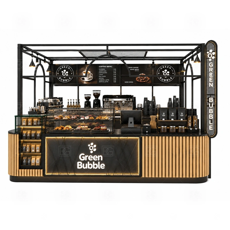 Mall Coffee Kiosk Design for Shopping Center storage detail for cup storage, bean storage, under-counter fridge space, packaging drawers, cleaning supply cabinets, and cable routes planned for mall coffee kiosk design for shopping center