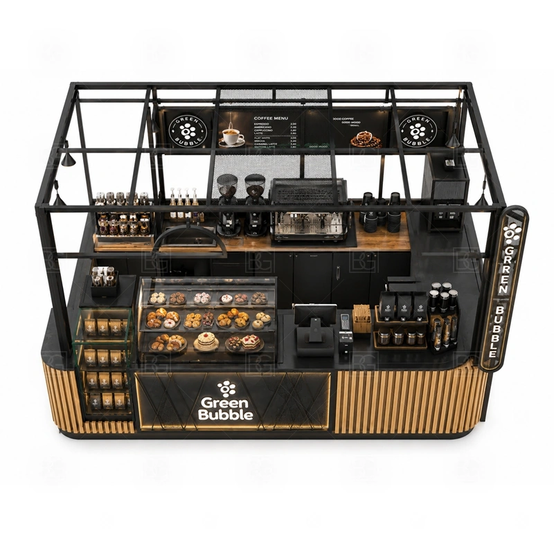 Mall Coffee Kiosk Design for Shopping Center buyer planning detail for Mall Coffee Kiosk Design for Shopping Center target size, espresso machine dimensions, grinder position, sink requirement, fridge size, menu board size, power and plumbing, destination country